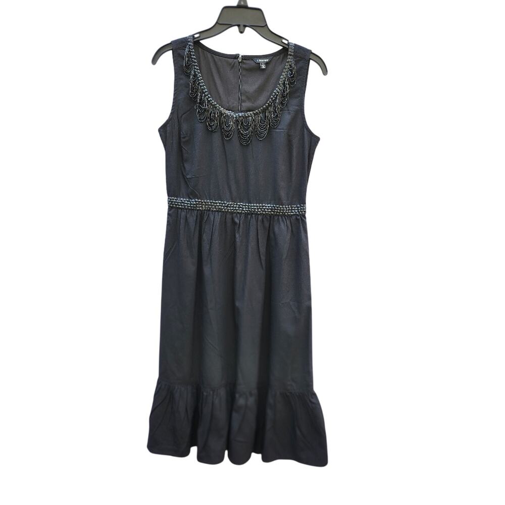 J. Peterman Fit-and-Flare Sleeveless Beaded Black Dress Size 4